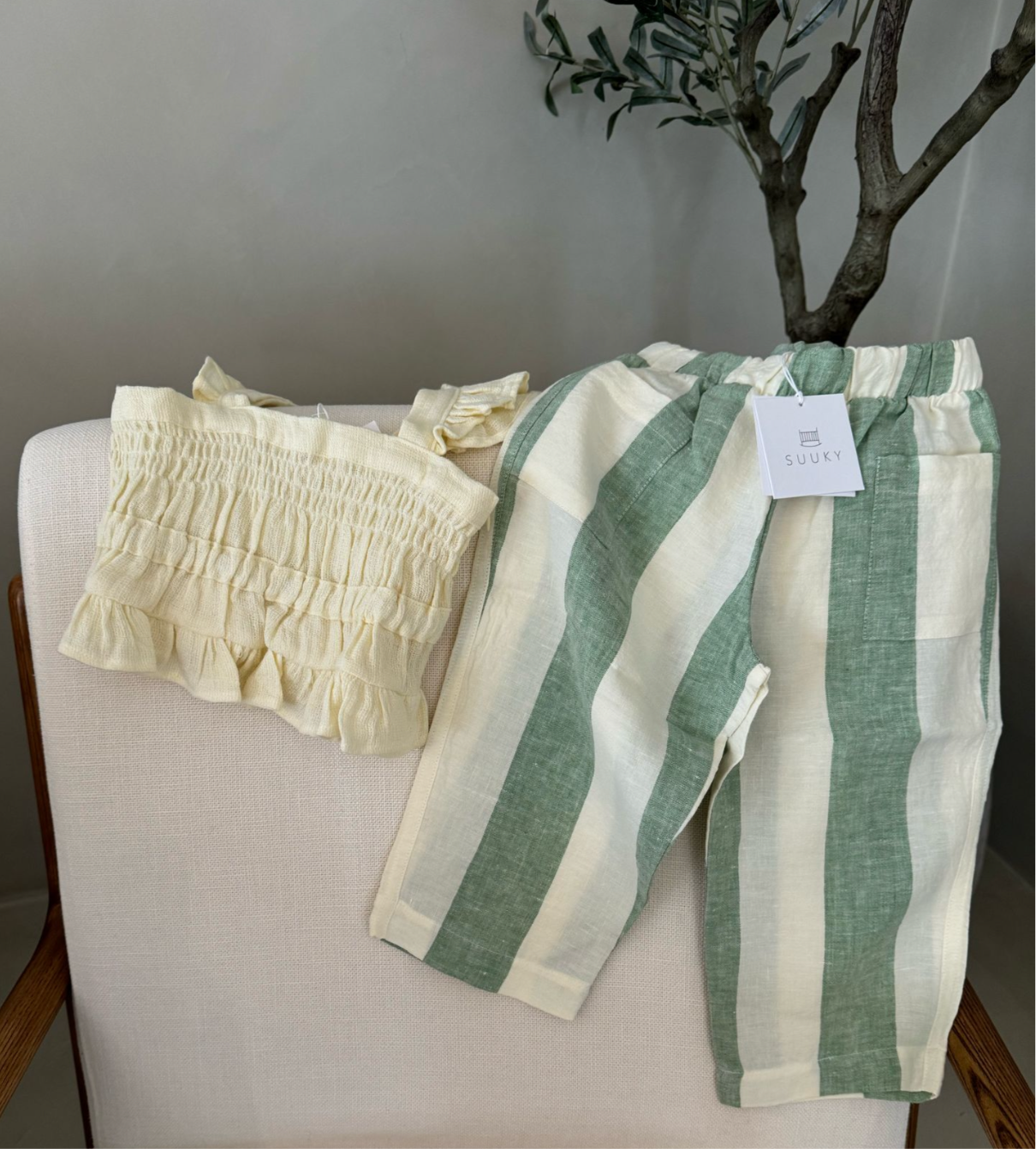 mesh top with striped linen pants