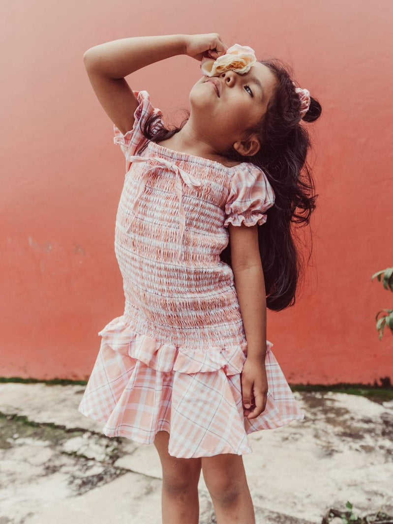 Peach gingham baby doll dress